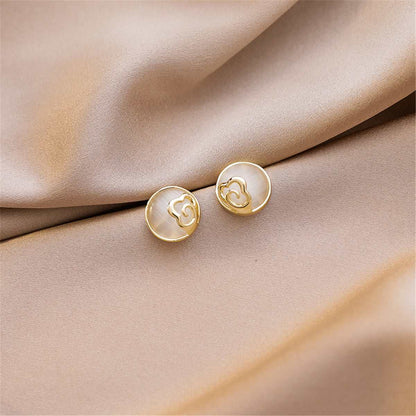 Cats Eye & Goldtone Floral Stud Earrings