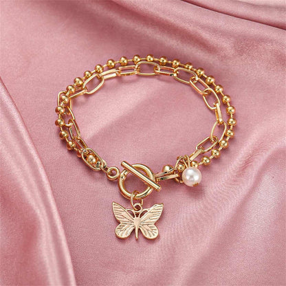 Pearl & Goldtone Dual-Chain Butterfly Charm Bracelet