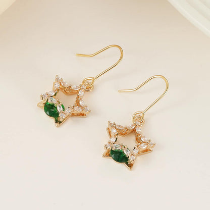 Green Crystal & Cubic Zirconia Goldtone Stacked Star Hook Earrings