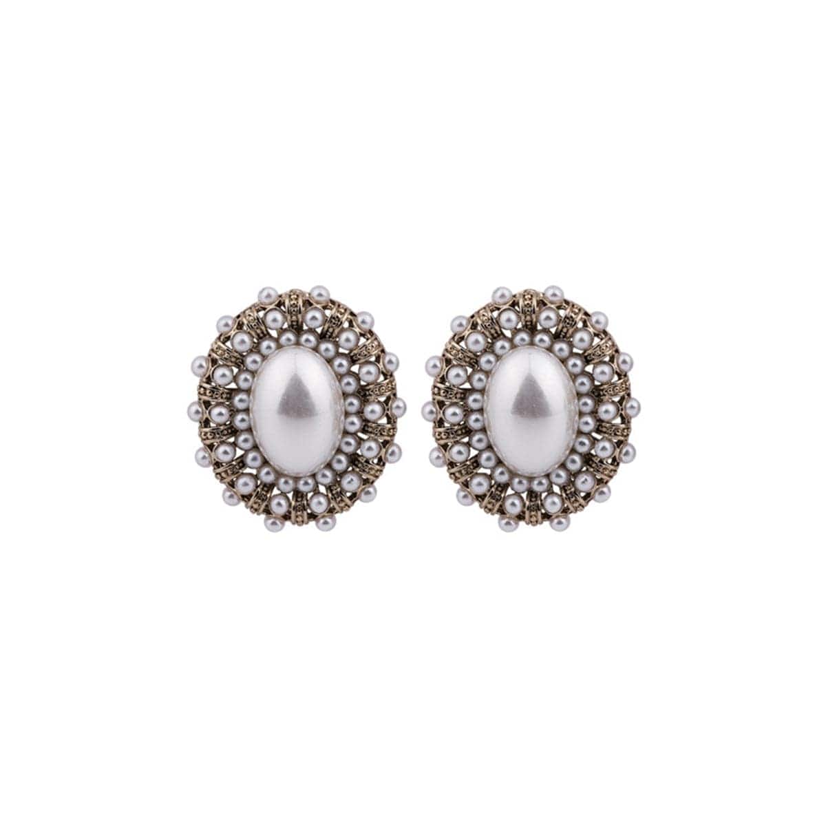Pearl & Silvertone Oval Stud Earrings