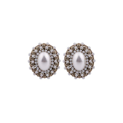 Pearl & Silvertone Oval Stud Earrings