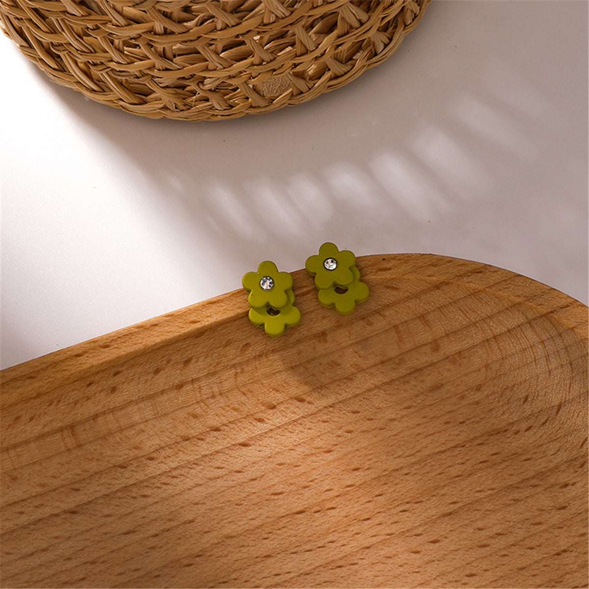 Cubic Zirconia & Green Enamel Flower Stud Earrings