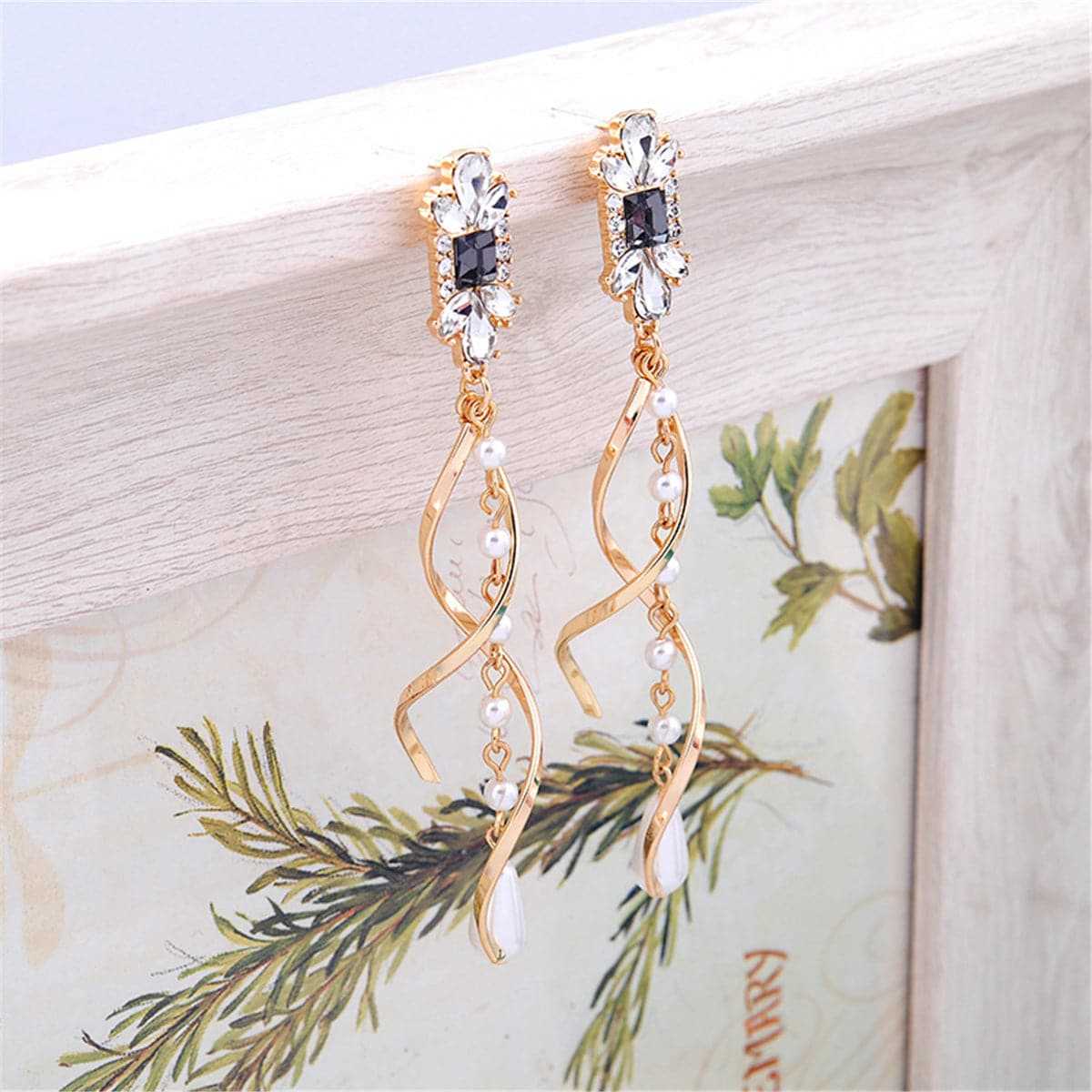 Cubic Zirconia & Pearl Goldtone Twist Drop Earrings