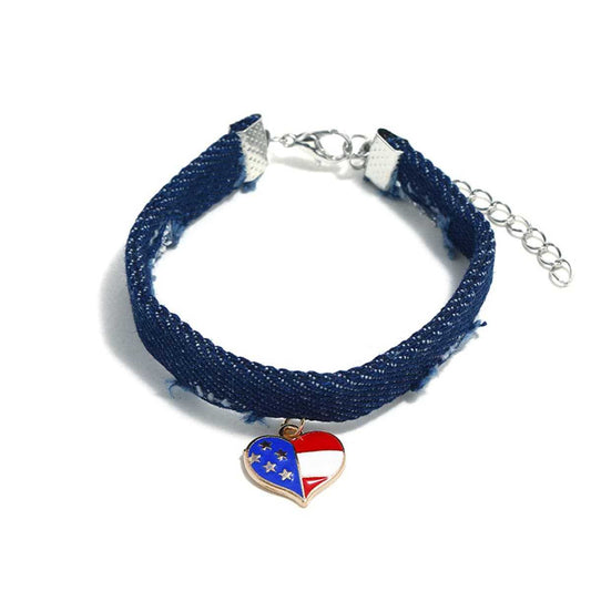 Blue & Silvertone American Flag Heart Bracelet