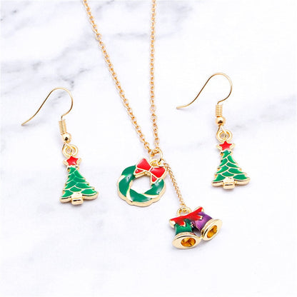 Green Enamel & Goldtone Bell Pendant Necklace & Earrings