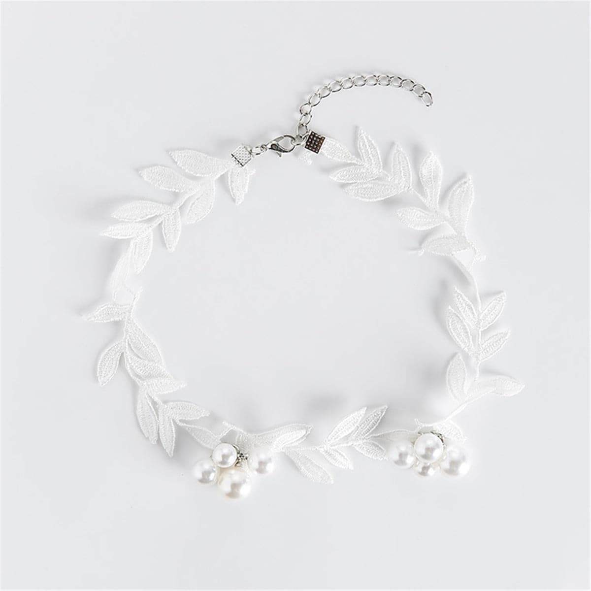 Pearl & White Lace Leaves Choker Necklace