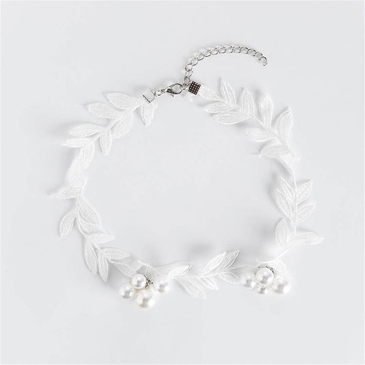 Pearl & White Lace Leaves Choker Necklace