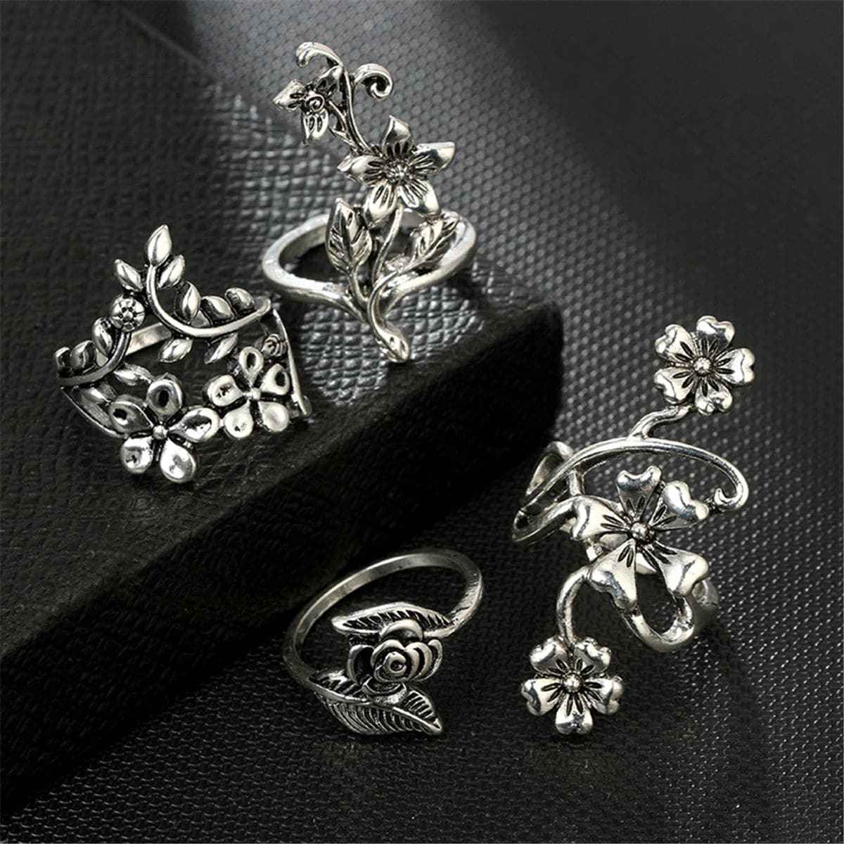 Silvertone Floral Leaf Ring Set