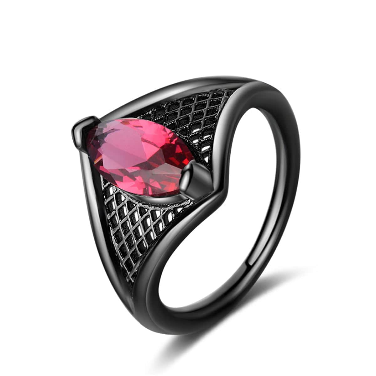 Red Crystal & Black-Tone Marquise-Cut Web Ring-1