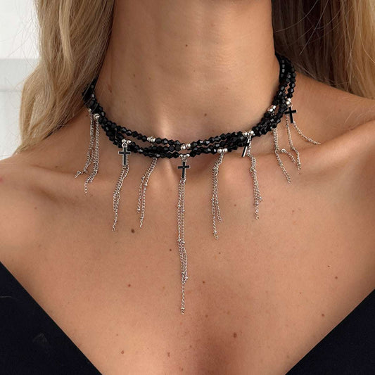 Black Acrylic & Enamel Silvertone Cross Tassel Layered Collar Necklace