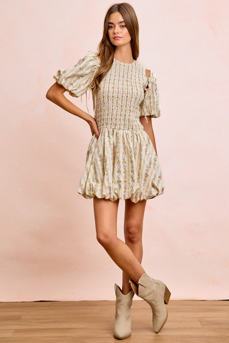 BiBi Floral Bow Tie Attachable Puff Sleeves Dress