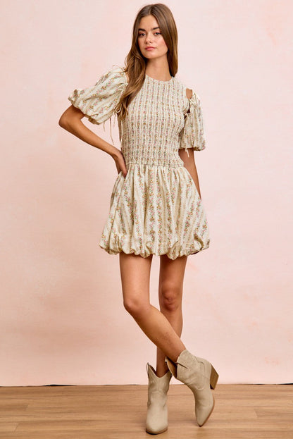 BiBi Floral Bow Tie Attachable Puff Sleeves Dress