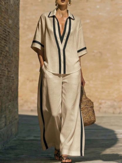 Women’s Color Block Shirt and Wide-Leg Pants Set