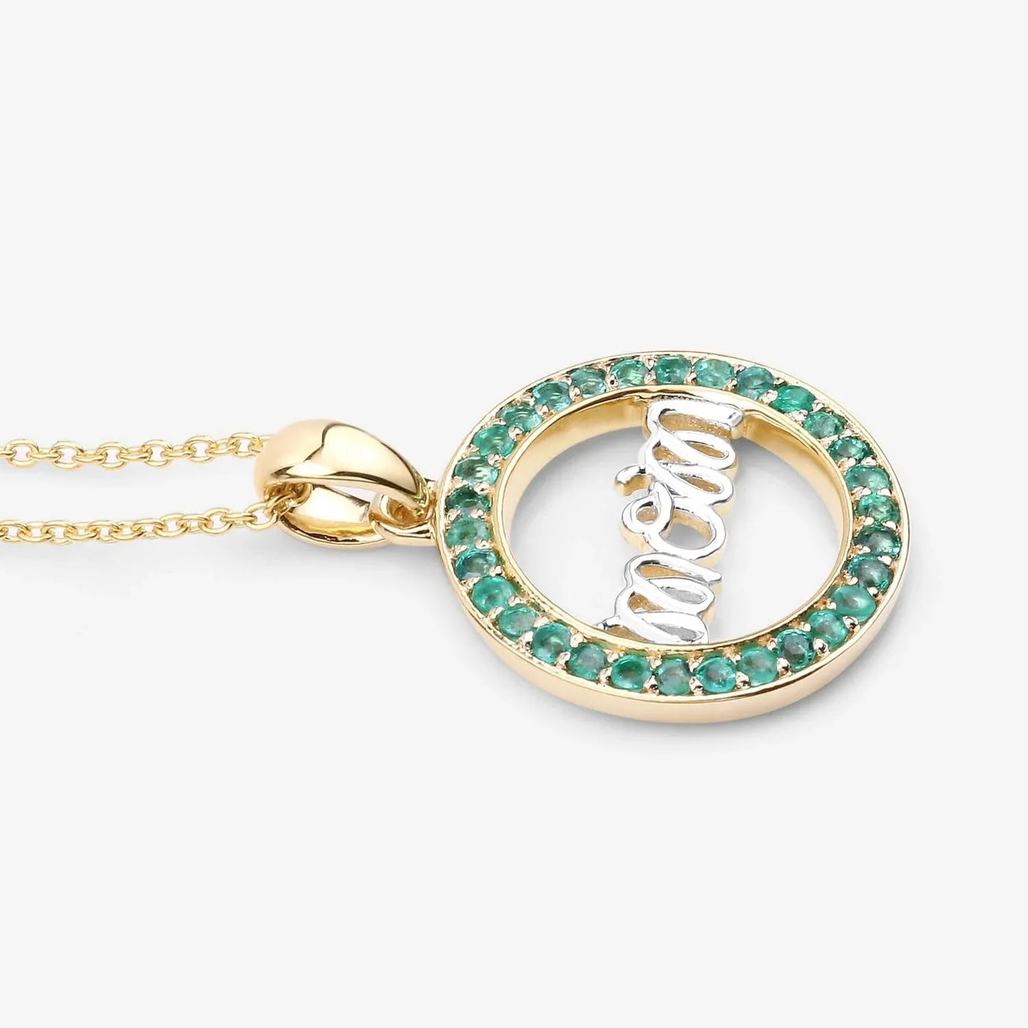 Round Green Emerald Prong Gold Plated Silver Mom Circle Pendant Necklace