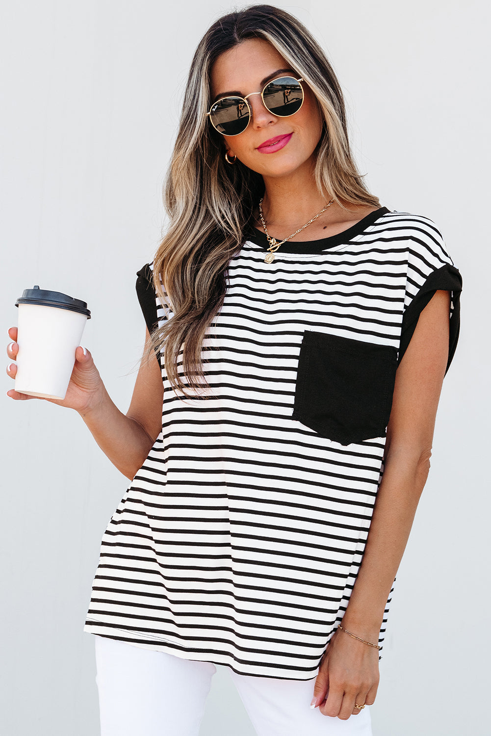 Threaded Pear Marie Stripe Chest Pocket Tank Top