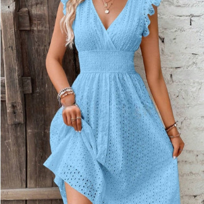 Waisted V-Neck Lace Midi Dress