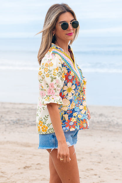 Threaded Pear Gwen Crochet V Neck Boho Floral Blouse