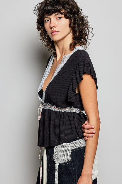POL Tied Ruffled V-Neck Short Sleeve Blouse with Lace Detail in Black