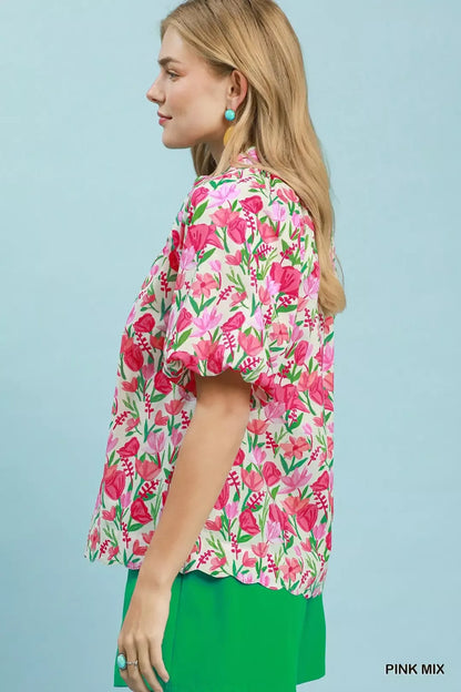 Umgee Floral Puff Sleeve Blouse with Scalloped Details