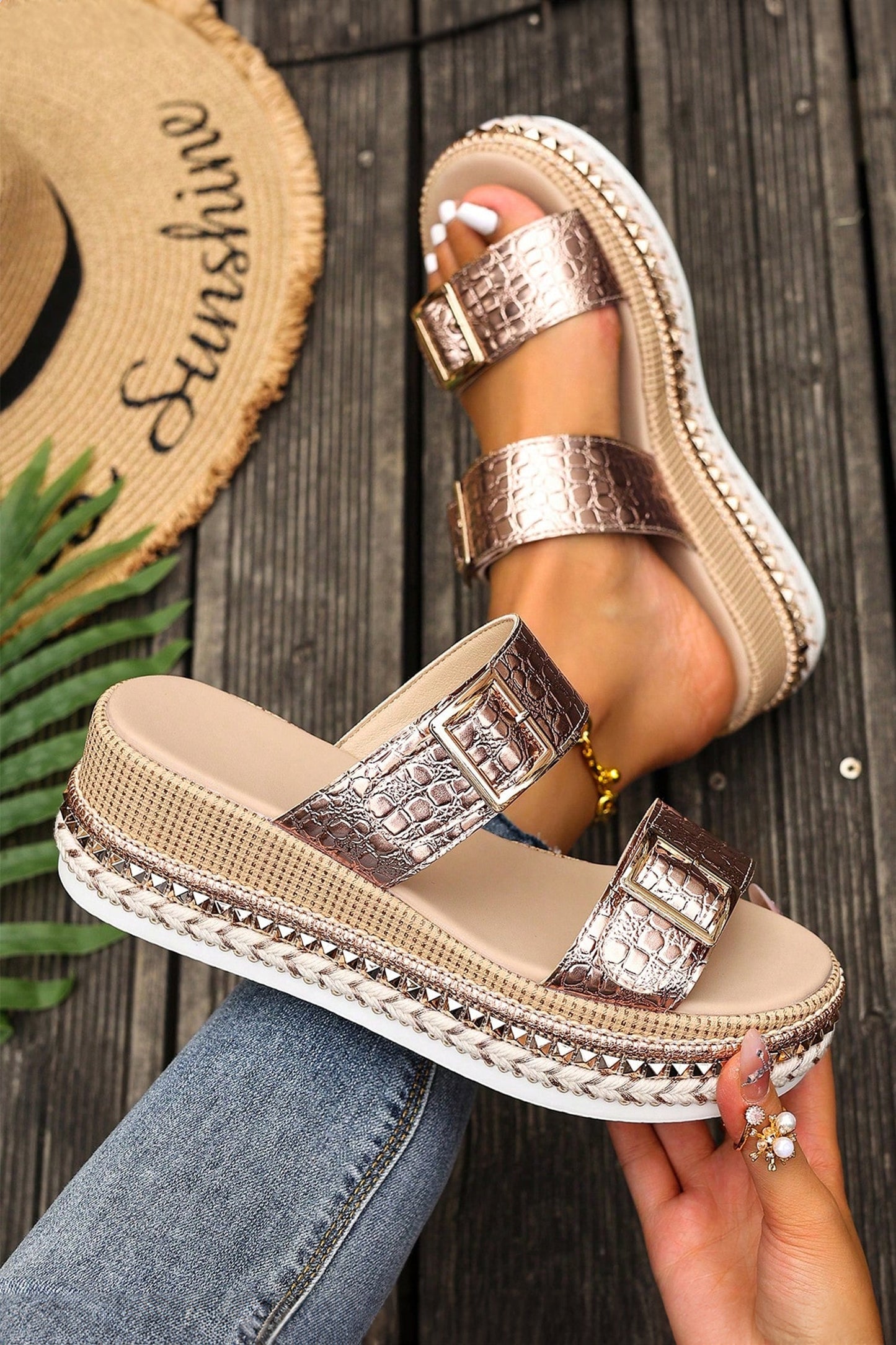 Threaded Pear Cattleya Buckle Wedge Platform Slippers