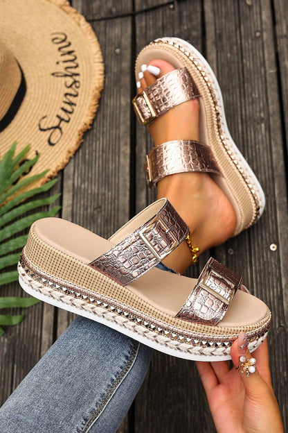 Threaded Pear Cattleya Buckle Wedge Platform Slippers