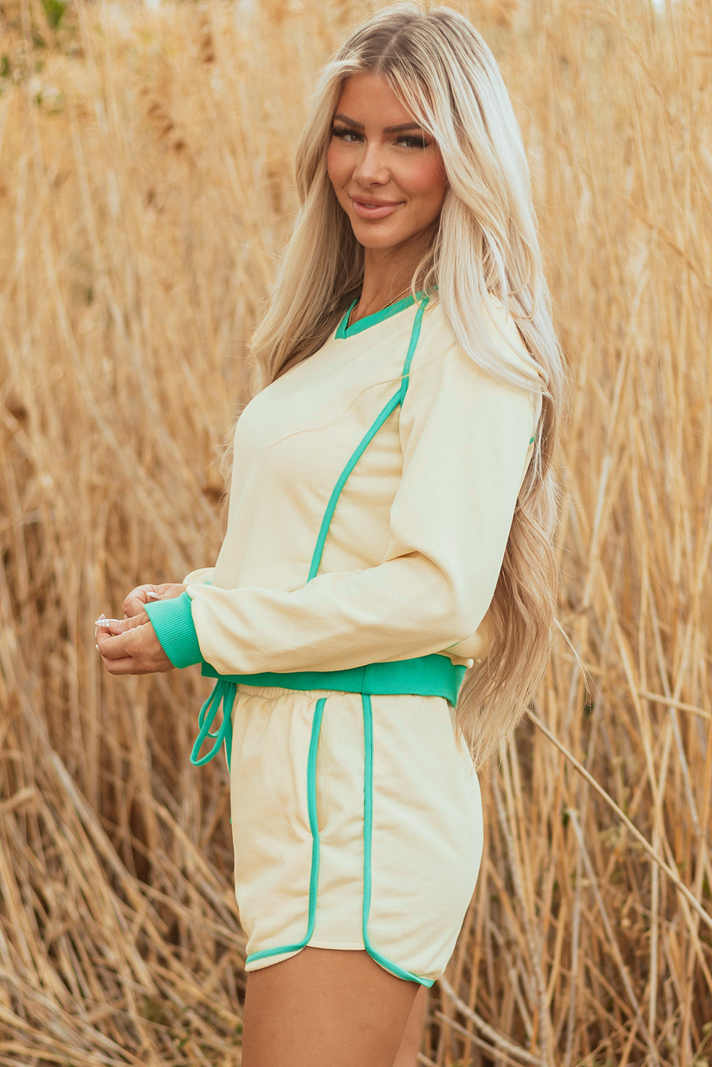 Threaded Pear Wren Long Sleeve Pullover and Drawstring Shorts Outfit