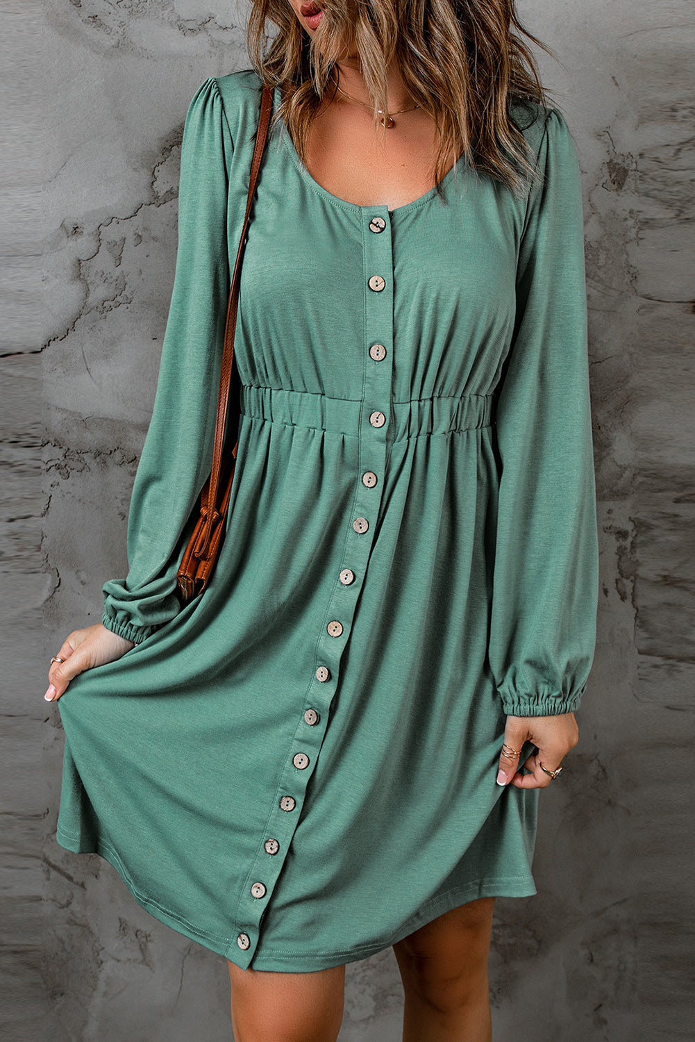 Julianna Button Up High Waist Long Sleeve Dress - Threaded Pear