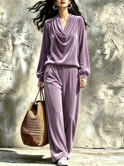 Women's Gold Velvet Cowl Neck Drop-Shoulder Top & Wide-Leg Pants Set – 8 Colors