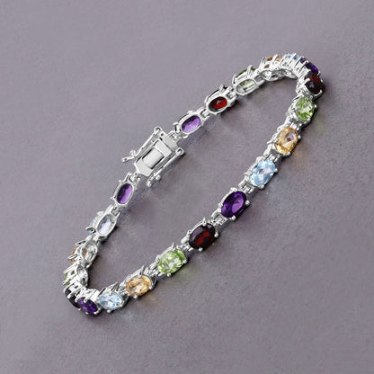 9.37 Ct Oval Multicolor Gemstones Prong Sterling Silver Tennis Bracelet
