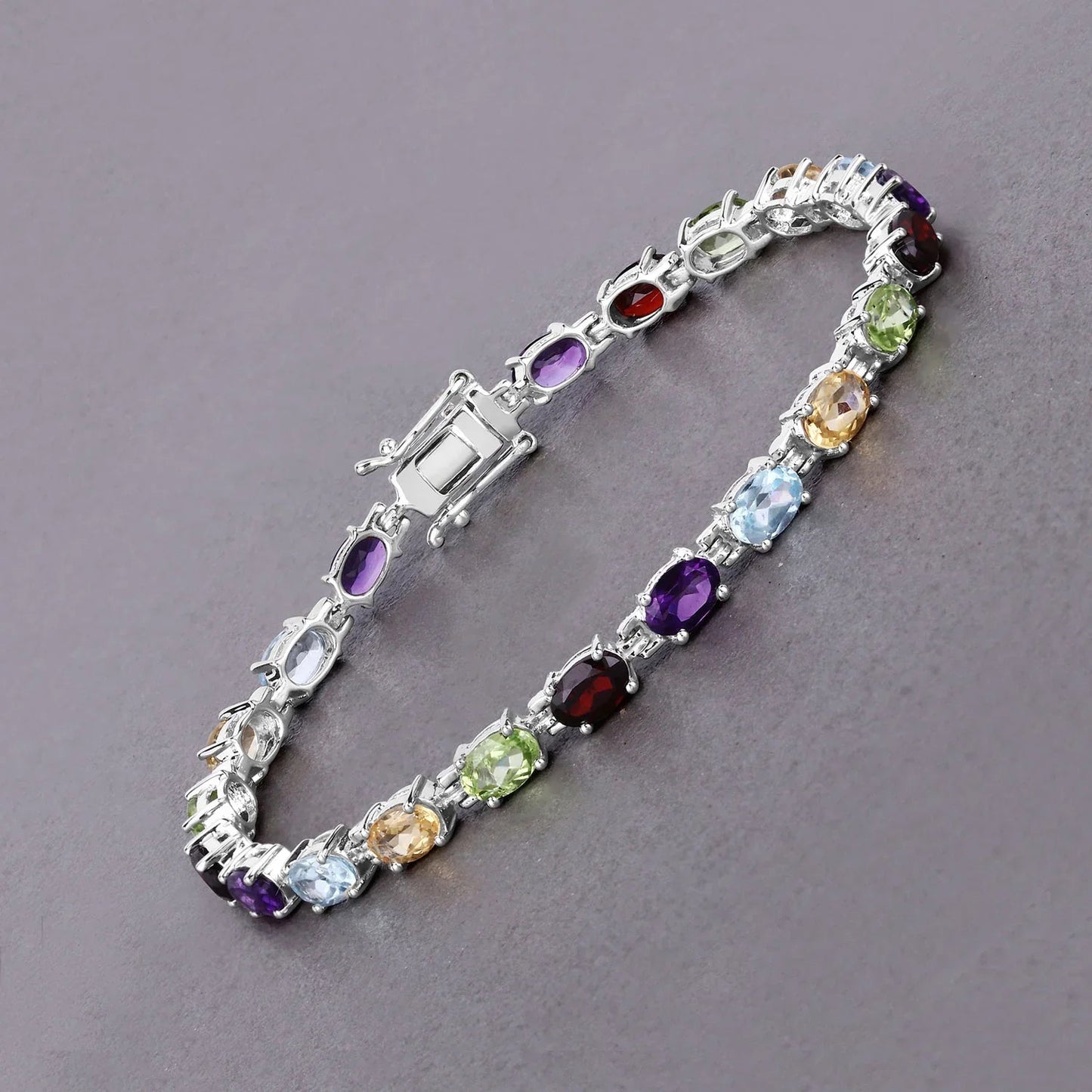 9.37 Ct Oval Multicolor Gemstones Prong Sterling Silver Inline Tennis Bracelet