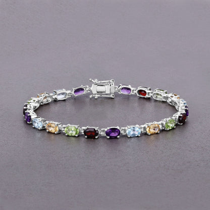 9.37 Ct Oval Multicolor Gemstones Prong Sterling Silver Tennis Bracelet