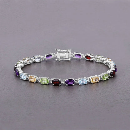 9.37 Ct Oval Multicolor Gemstones Prong Sterling Silver Inline Tennis Bracelet