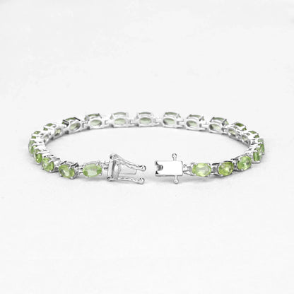 8.61 Ct Oval Olive Green Peridot Prong Sterling Silver Inline Tennis Bracelet