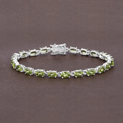 8.61 Ct Oval Olive Green Peridot Prong Sterling Silver Inline Tennis Bracelet