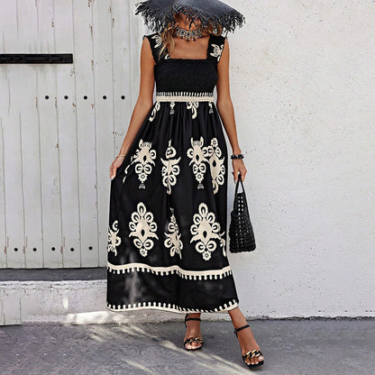 Women's Wide-Strap Printed Maxi Dress – Smocked Bodice & Tassel Waist