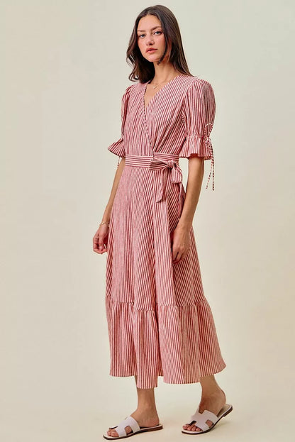 SO ME Stripe Textured Short Sleeves Lined Wrap Midi Dress