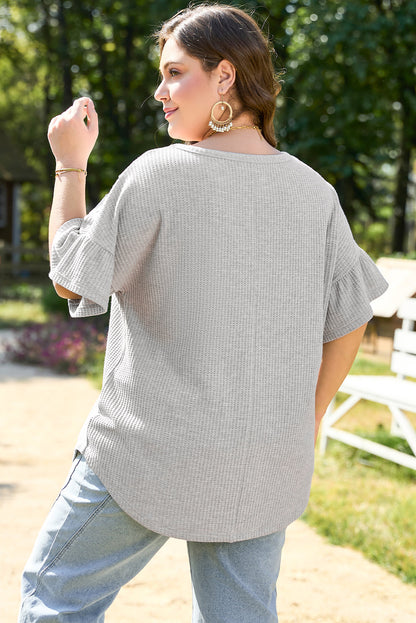 Threaded Pear Rory Plus Size Lace Insert Waffle Ruffle Top
