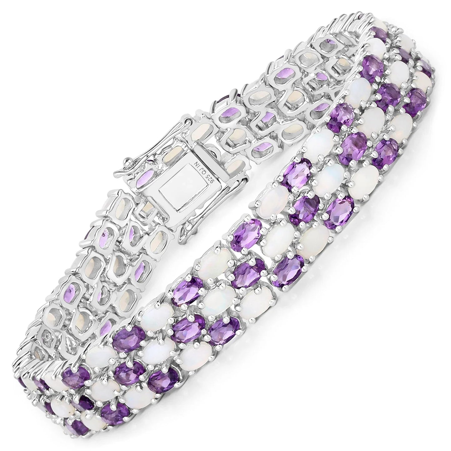 18.68 Cttw Oval White Opal and Purple Amethyst Prong Silver Three Row Tennis Bracelet
