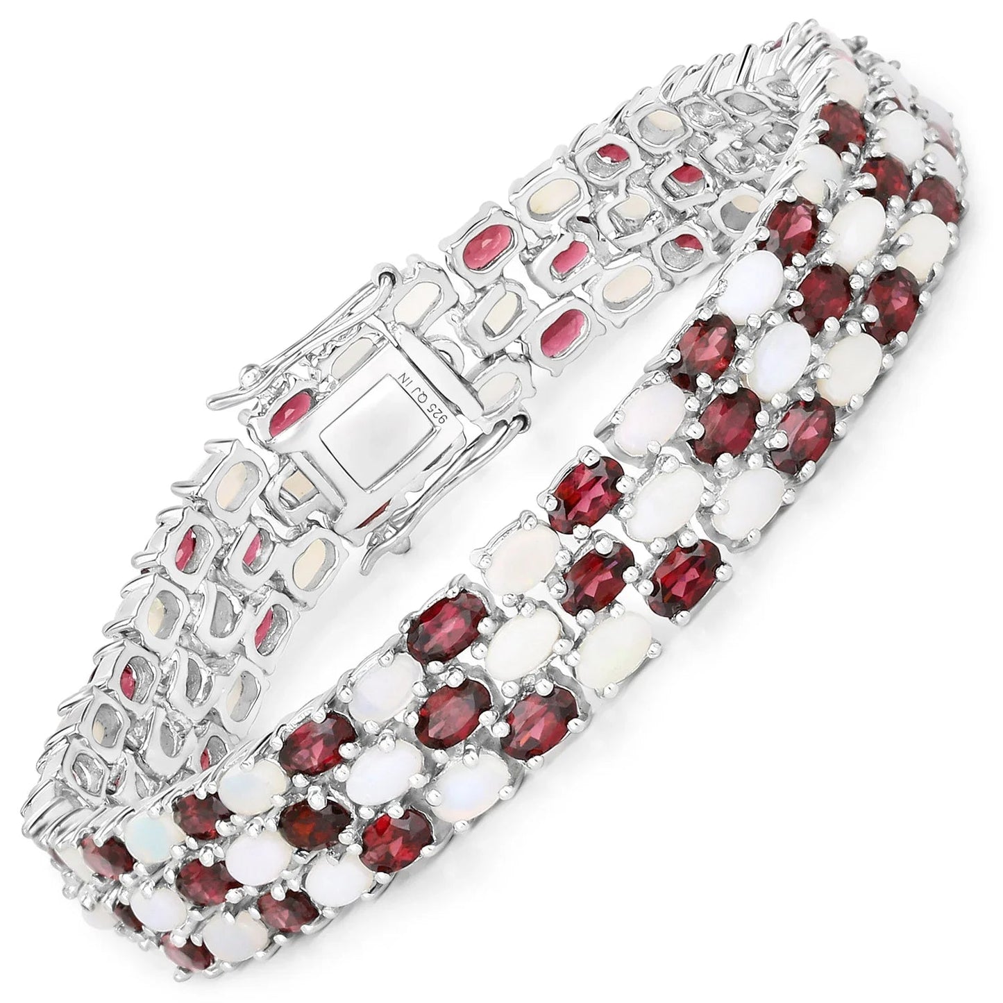 24.08 Cttw Oval White Opal and Red Rhodolite Prong Silver Three Row Tennis Bracelet