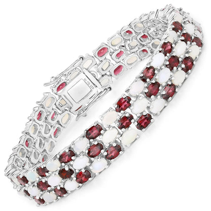 24.08 Cttw Oval White Opal and Red Rhodolite Prong Silver Three Row Tennis Bracelet