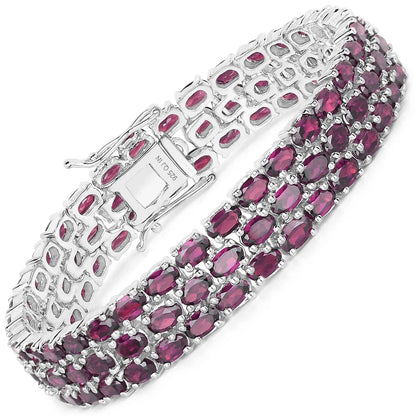 30.80 Ct Oval Red Rhodolite Garnet Prong Sterling Silver Three Row Tennis Bracelet