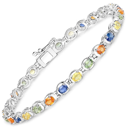 5.40 Ct Oval Multicolor Genuine Multi-Sapphire Prong Sterling Silver Tennis Bracelet