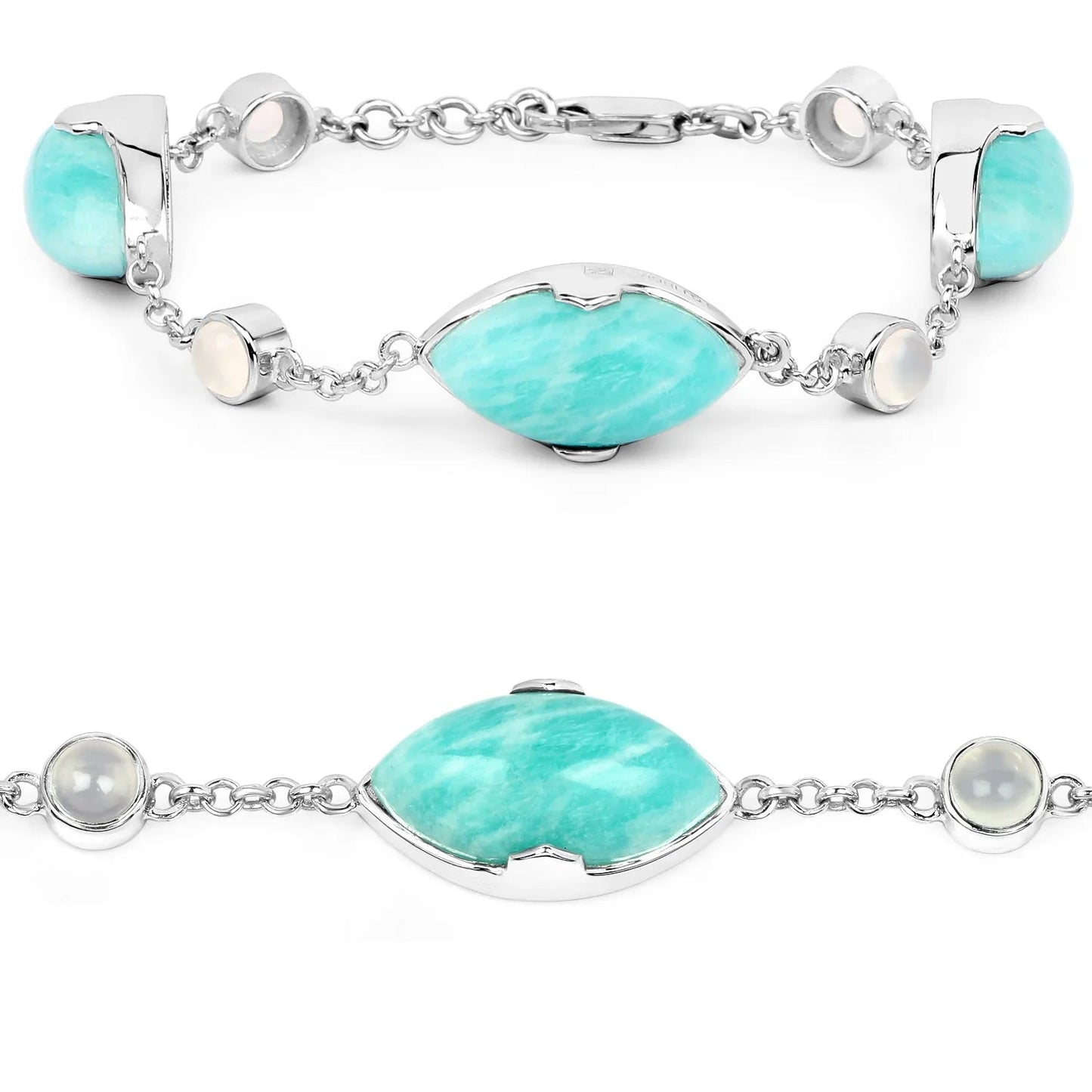 25.50 Ct Marquise Aqua Blue Amazonite Bezel Sterling Silver Strand Bracelet