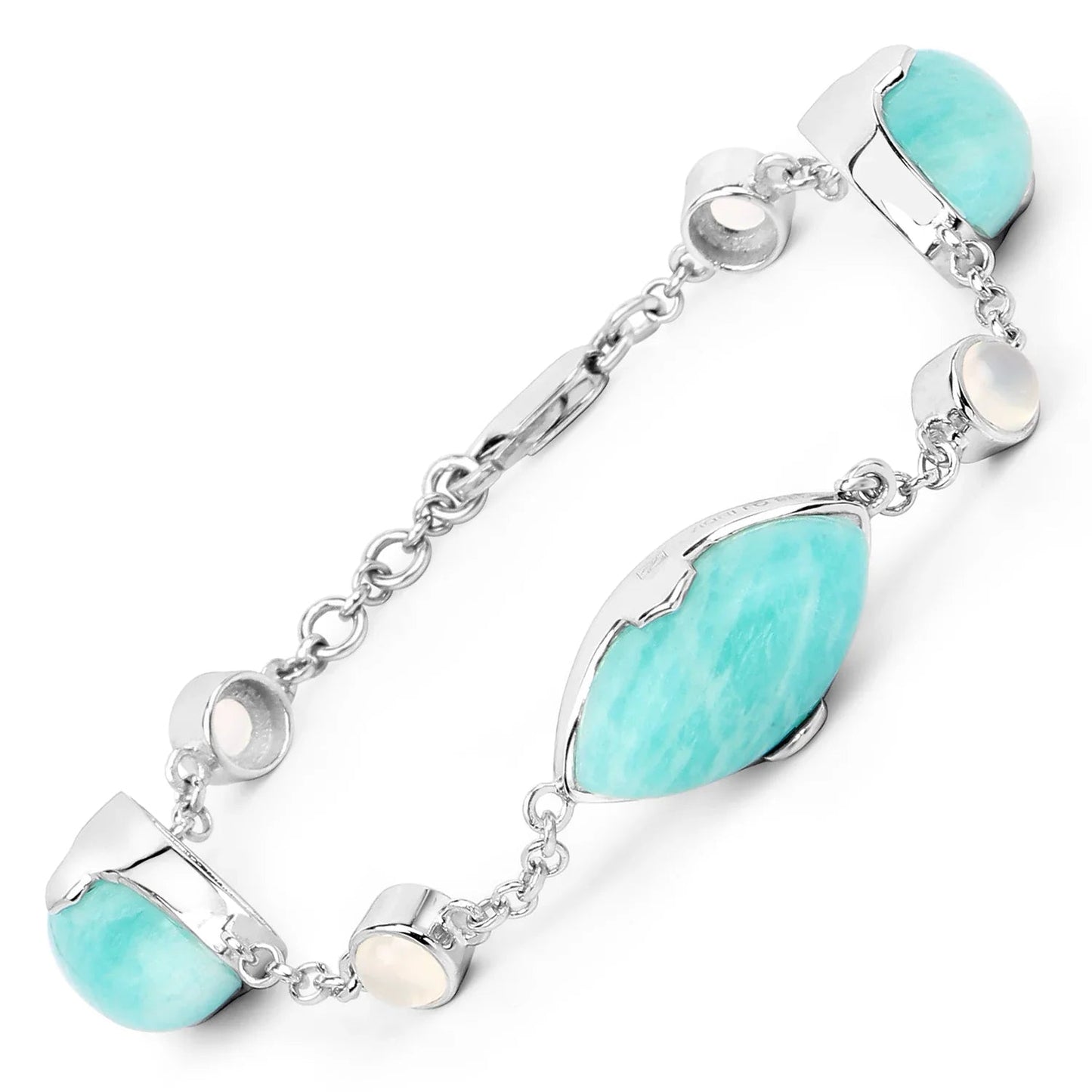 25.50 Ct Marquise Aqua Blue Amazonite Bezel Sterling Silver Strand Bracelet