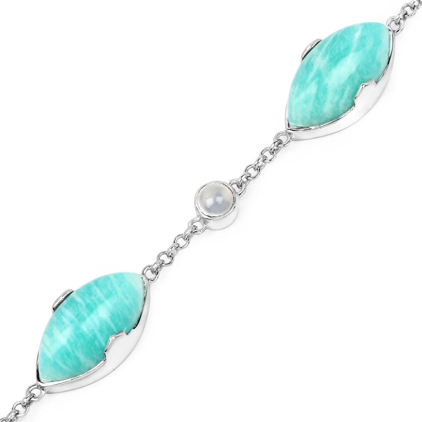 25.50 Ct Marquise Aqua Blue Amazonite Bezel Sterling Silver Strand Bracelet