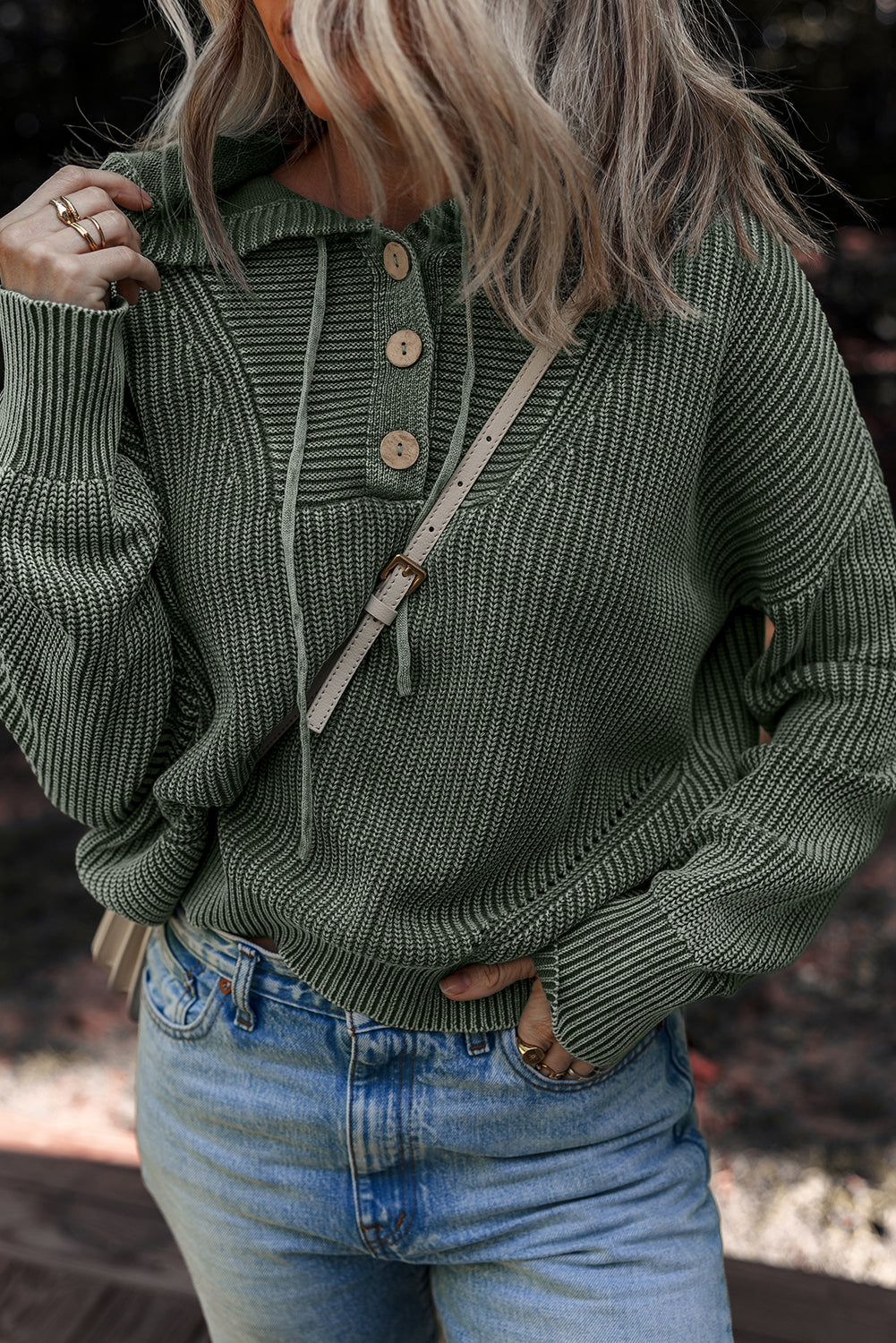 Threaded Pear Sofioya Knit Drawstring Hooded Sweater