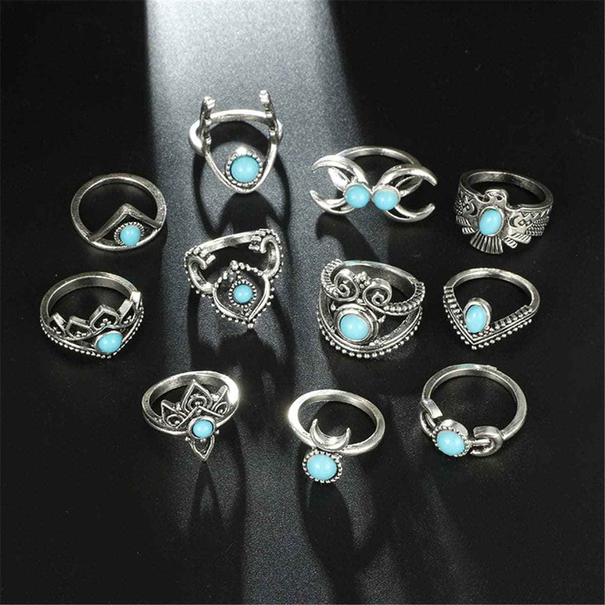 Turquoise & Silvertone Crescent Moon Ring Set
