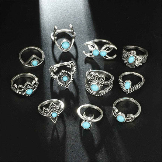 Turquoise & Silvertone Crescent Moon Ring Set