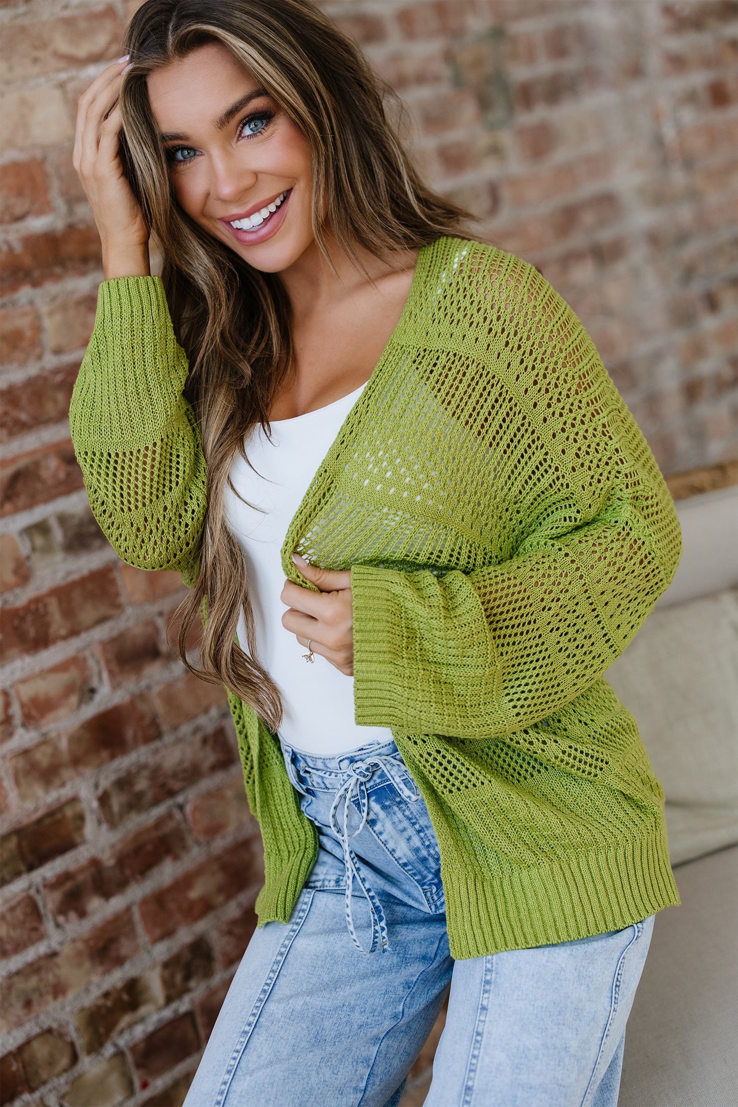 Threaded Pear Whitley Crochet Knit Open Cardigan