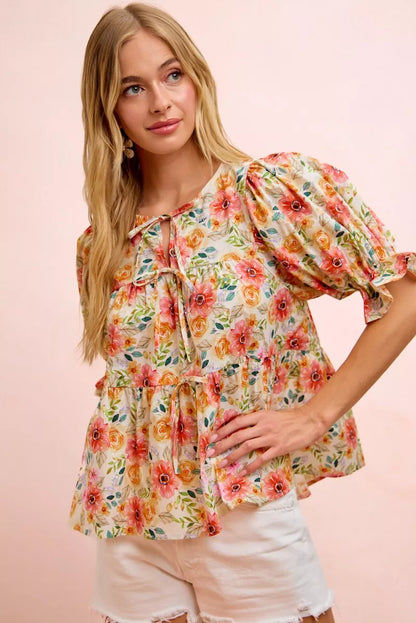 BiBi Flower Printed Shirring Detail Blouse Top